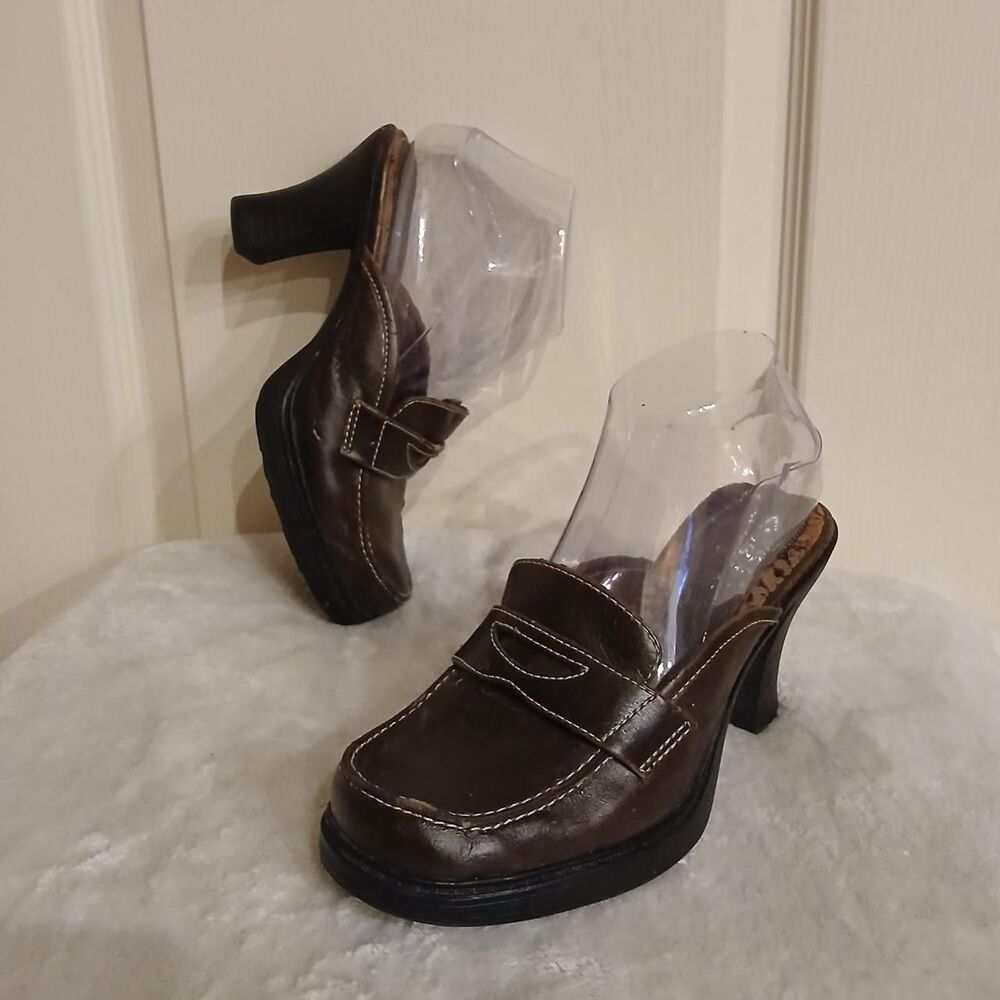 Y2K VTG chunky brown penny loafer platform mules contrast stitching block heel 7